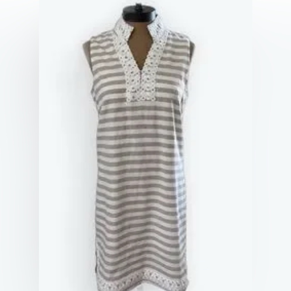 Eliza J tan and white striped sleeveless shift dress size 4 NWT
